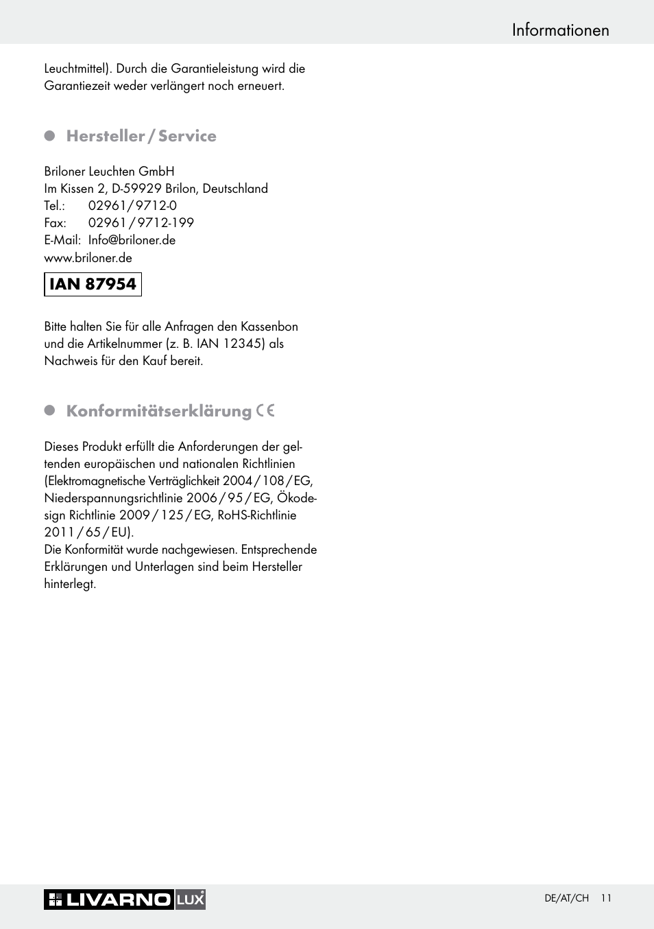 Q hersteller / service, Q konformitätserklärung, Informationen | Hersteller / service, Konformitätserklärung | Livarno Halogen Under-Cupboard Light User Manual | Page 11 / 45