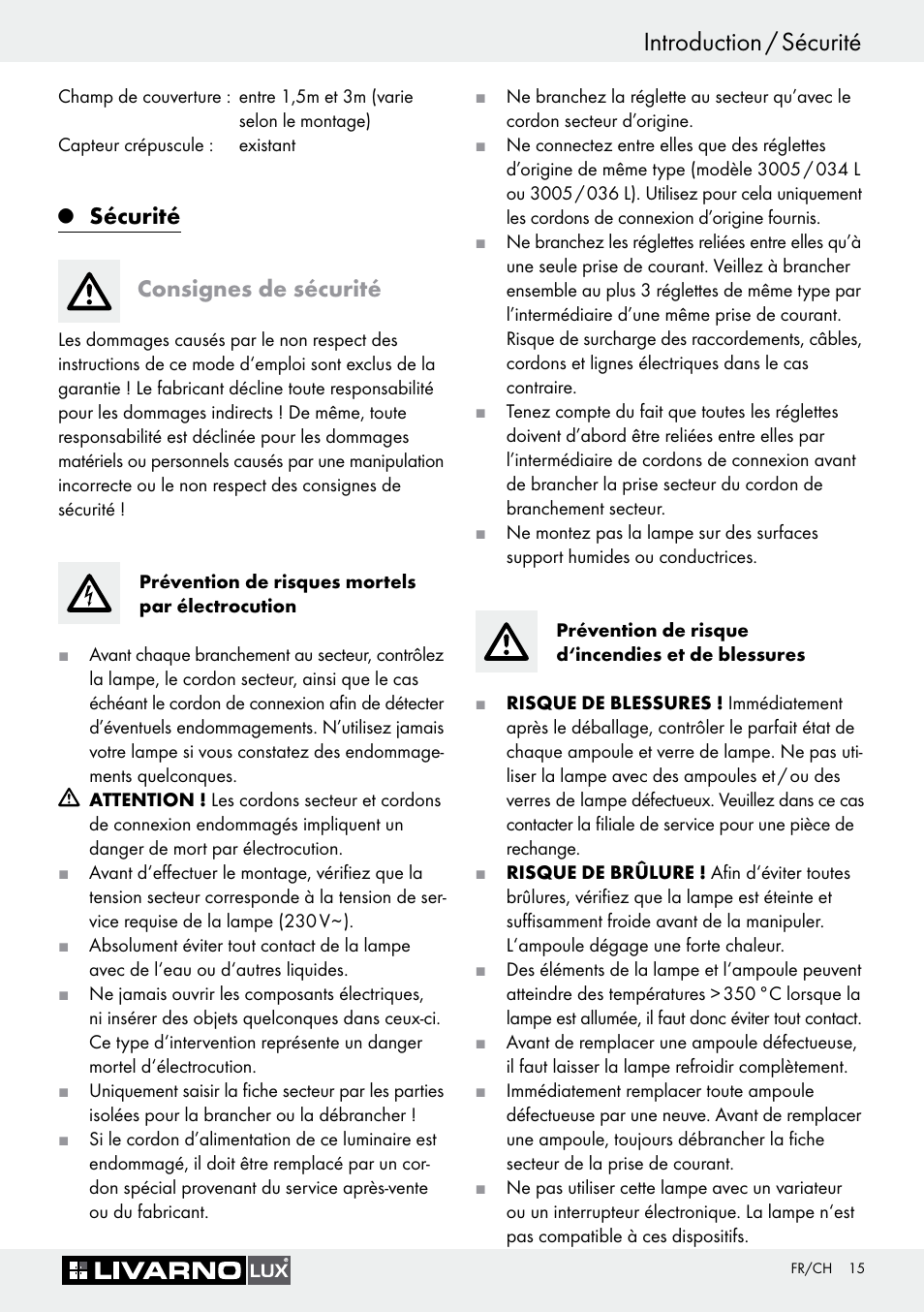 Q sécurité, Consignes de sécurité, Sécurité | Introduction / sécurité, Sécurité consignes de sécurité | Livarno Halogen Under-Cupboard Light User Manual | Page 15 / 45