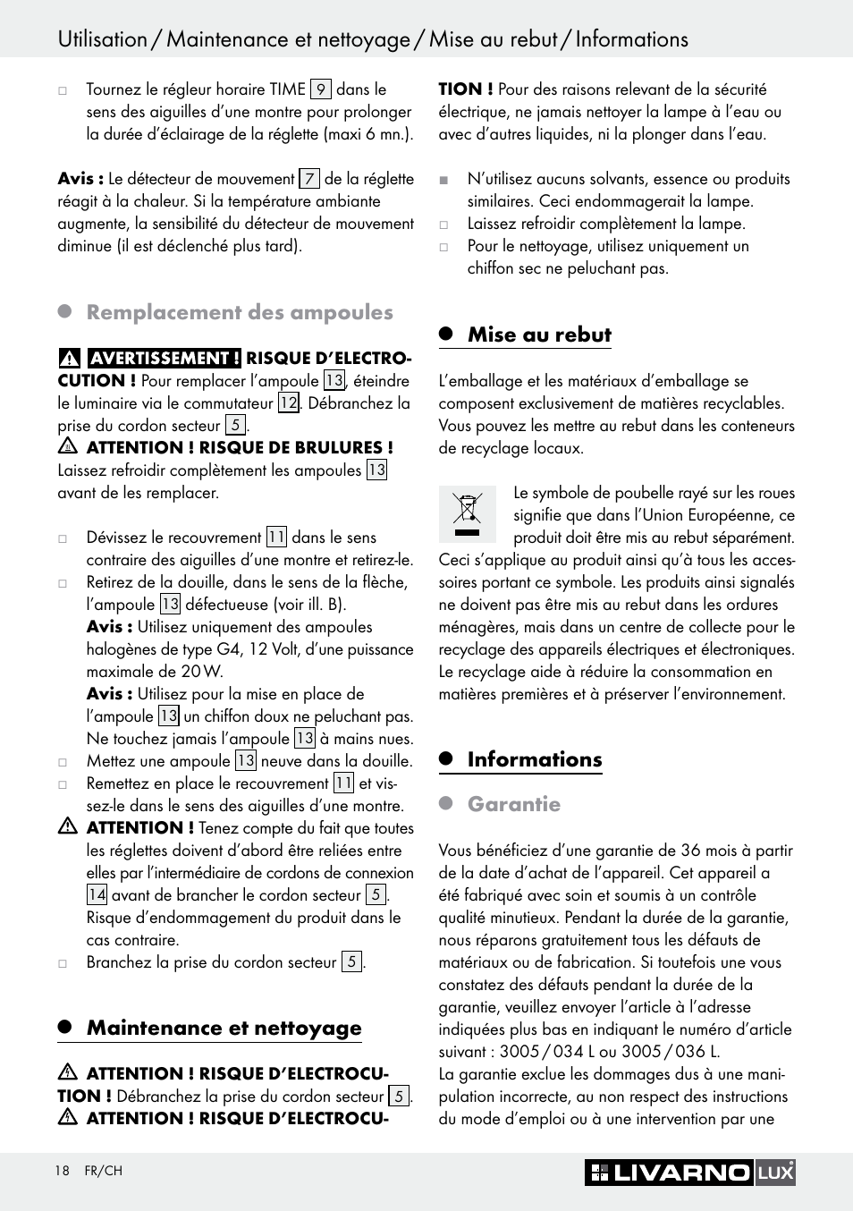 Q remplacement des ampoules, Q maintenance et nettoyage, Q mise au rebut | Q informations, Q garantie, Maintenance et nettoyage, Mise au rebut, Informations, Remplacement des ampoules, Garantie | Livarno Halogen Under-Cupboard Light User Manual | Page 18 / 45