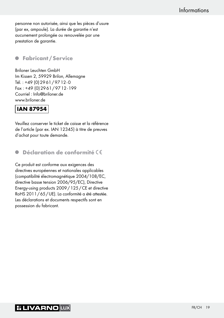 Q fabricant / service, Q déclaration de conformité, Informations | Fabricant / service, Déclaration de conformité | Livarno Halogen Under-Cupboard Light User Manual | Page 19 / 45