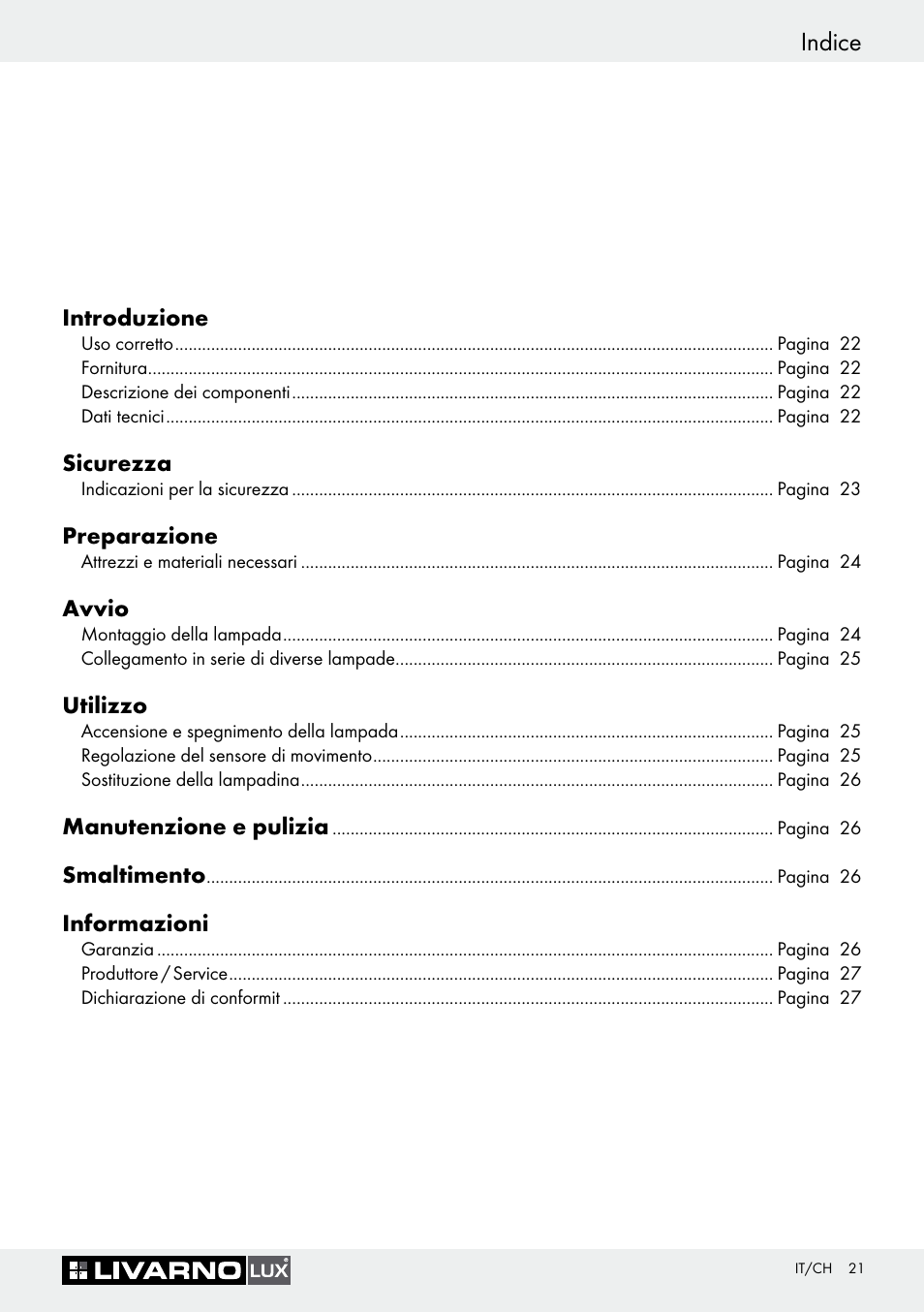 Indice | Livarno Halogen Under-Cupboard Light User Manual | Page 21 / 45