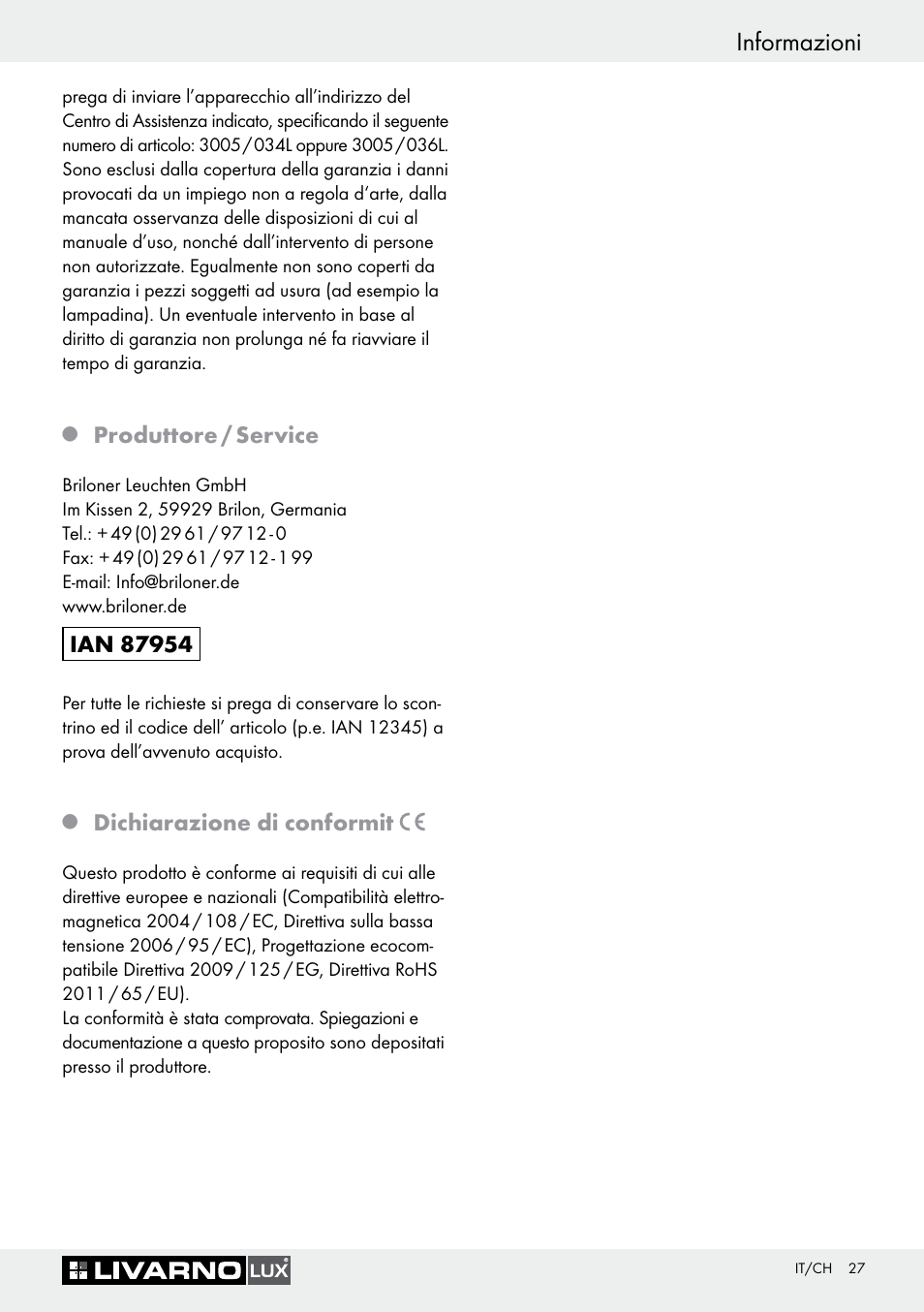 Q produttore / service, Q dichiarazione di conformit, Informazioni | Produttore / service, Dichiarazione di conformit | Livarno Halogen Under-Cupboard Light User Manual | Page 27 / 45