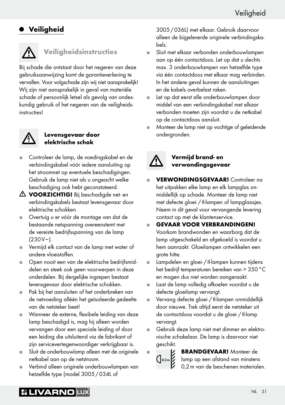 Q veiligheid, Veiligheidsinstructies, Veiligheid | Veiligheid veiligheidsinstructies | Livarno Halogen Under-Cupboard Light User Manual | Page 31 / 45