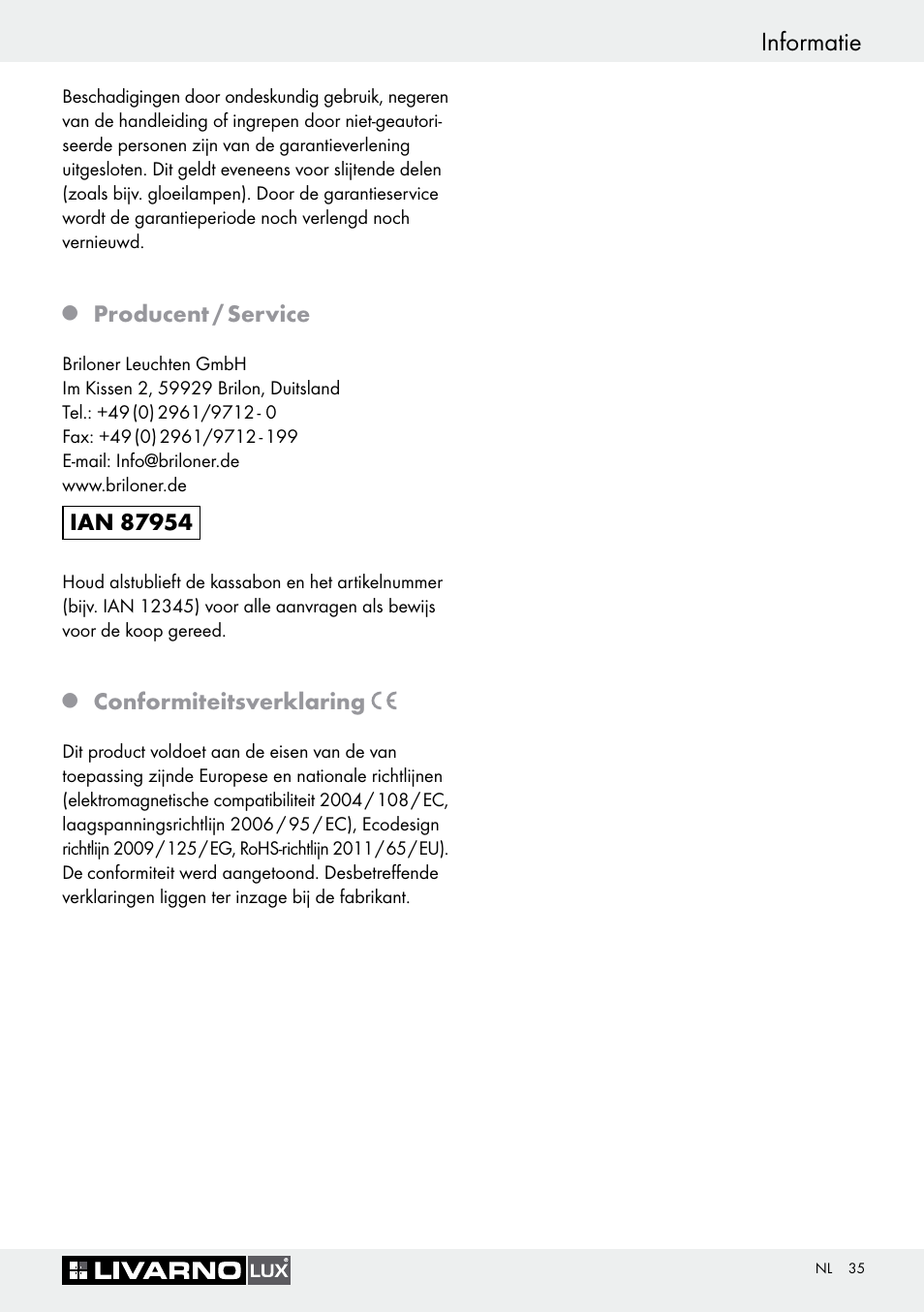 Q producent / service, Q conformiteitsverklaring, Informatie | Producent / service, Conformiteitsverklaring | Livarno Halogen Under-Cupboard Light User Manual | Page 35 / 45