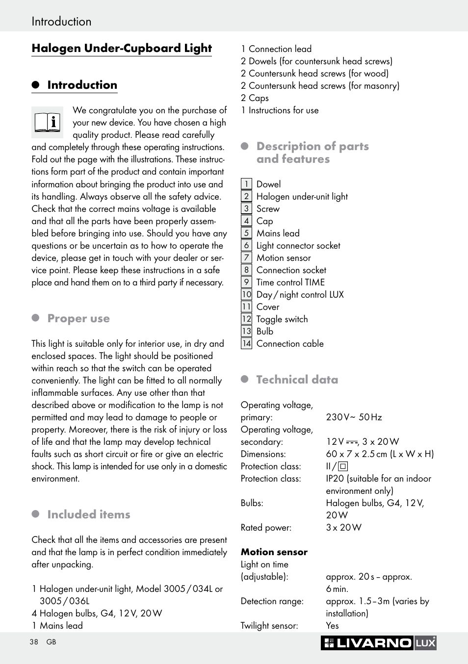 Q introduction, Q proper use, Q included items | Q description of parts and features, Q technical data, Introduction, Halogen under-cupboard light, Proper use, Included items, Description of parts and features | Livarno Halogen Under-Cupboard Light User Manual | Page 38 / 45