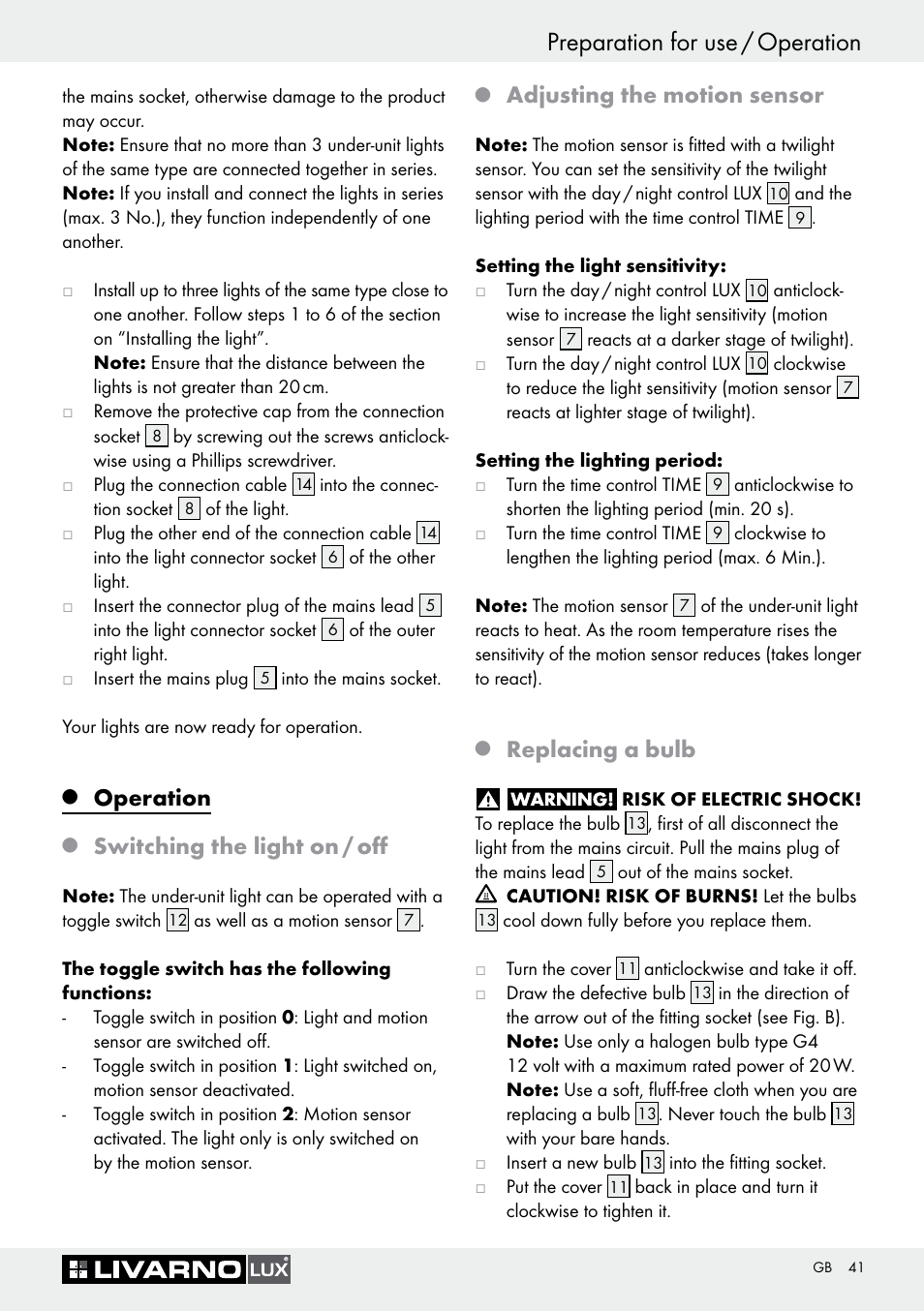 Q operation, Q switching the light on / off, Q adjusting the motion sensor | Q replacing a bulb, Operation, Preparation for use / operation, Switching the light on / off, Adjusting the motion sensor, Replacing a bulb | Livarno Halogen Under-Cupboard Light User Manual | Page 41 / 45