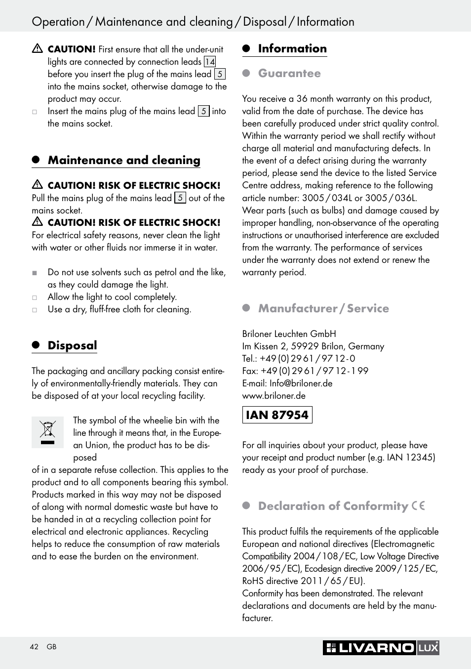 Q maintenance and cleaning, Q disposal, Q information | Q guarantee, Q manufacturer / service, Q declaration of conformity, Maintenance and cleaning, Disposal, Information, Guarantee | Livarno Halogen Under-Cupboard Light User Manual | Page 42 / 45