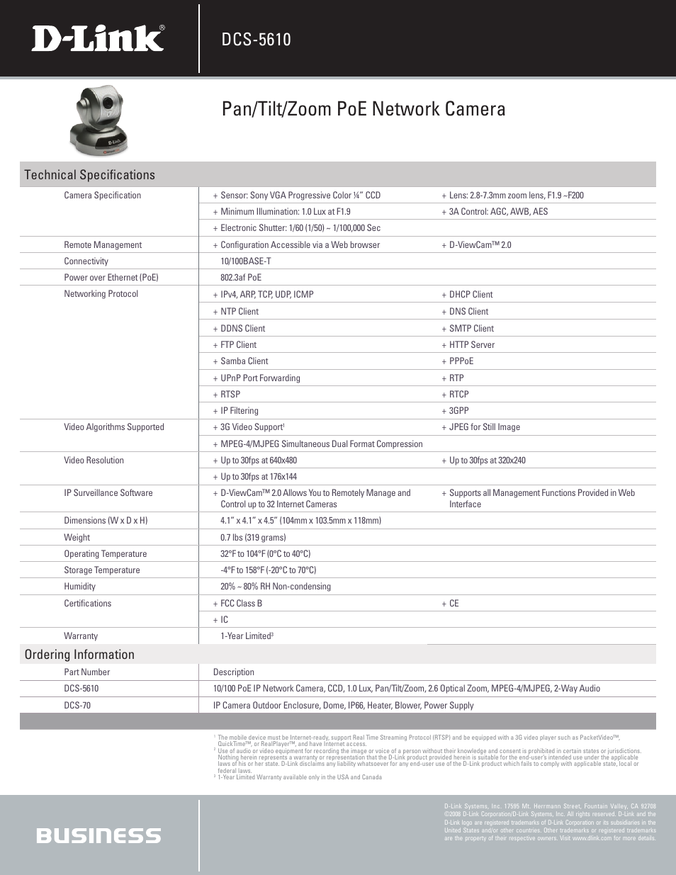 Pan/tilt/zoom poe network camera, Dcs-5610, Technical specifications | Ordering information | D-Link DCS-5610 User Manual | Page 2 / 2