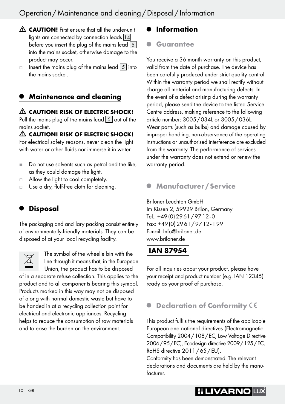 Maintenance and cleaning, Disposal, Information | Guarantee, Manufacturer / service, Declaration of conformity | Livarno Halogen Under-Cupboard Light User Manual | Page 10 / 41