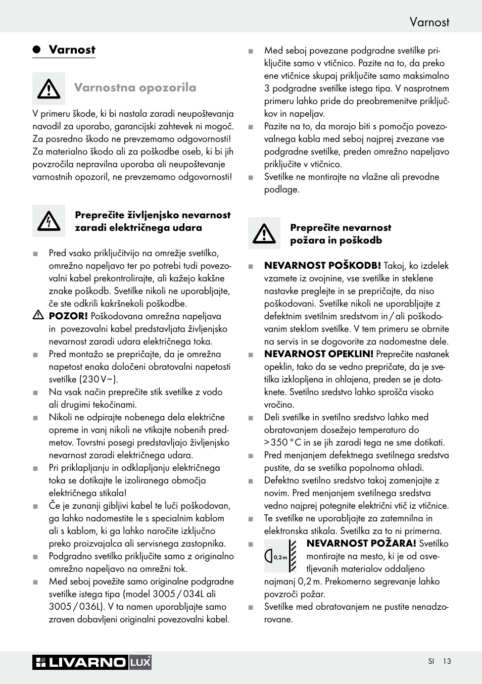 Q varnost, Varnostna opozorila, Varnost | Varnost varnostna opozorila | Livarno Halogen Under-Cupboard Light User Manual | Page 13 / 41