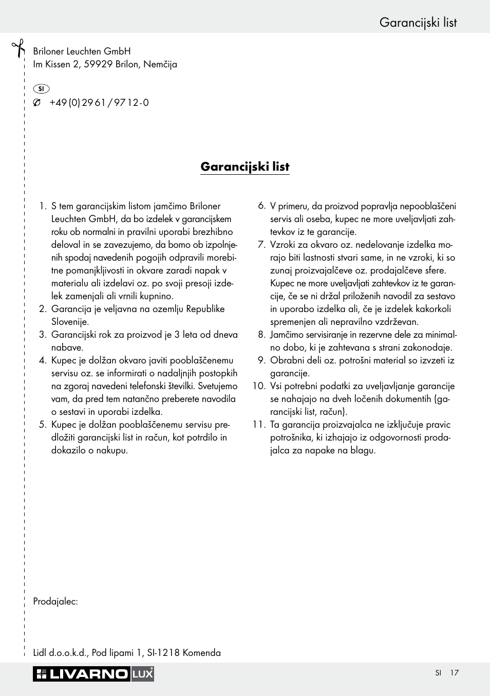 Garancijski list | Livarno Halogen Under-Cupboard Light User Manual | Page 17 / 41