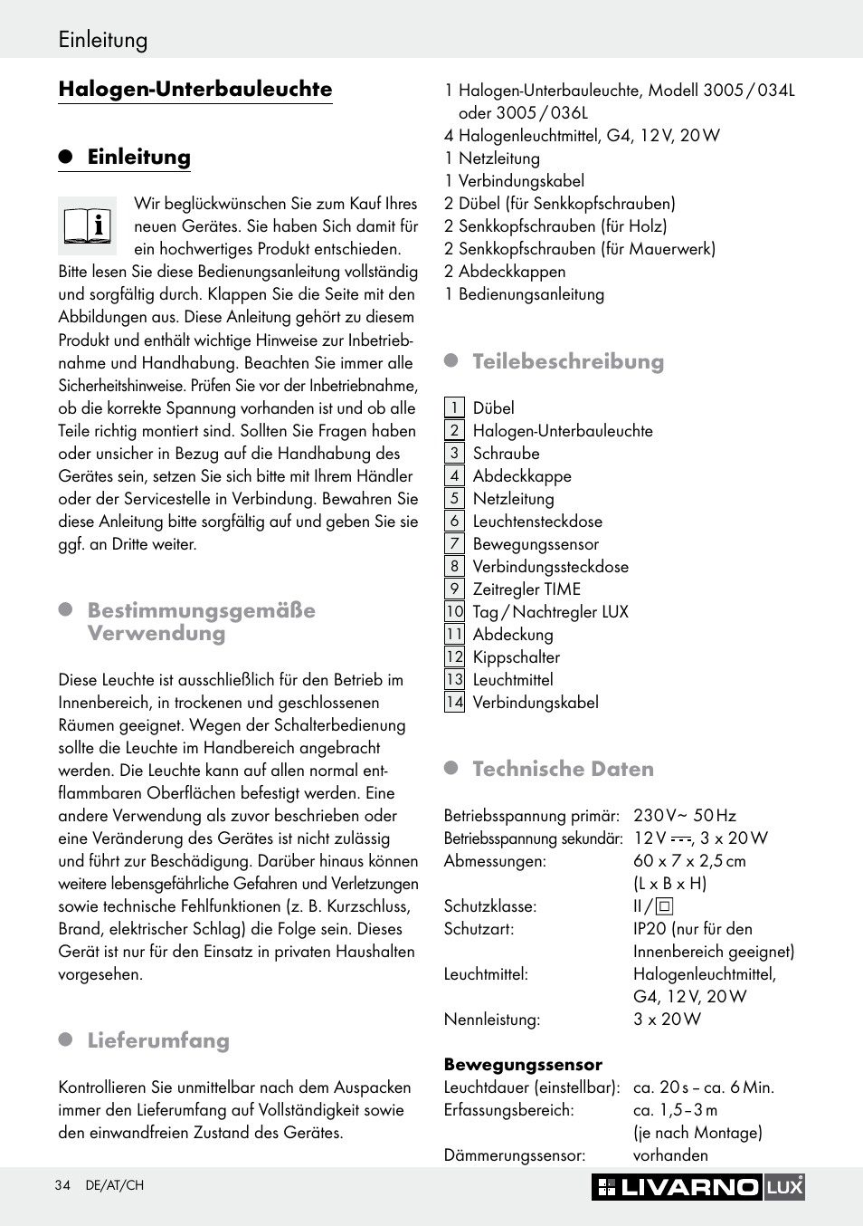 Q einleitung, Q bestimmungsgemäße verwendung, Q lieferumfang | Q teilebeschreibung, Q technische daten, Einleitung, Halogen-unterbauleuchte, Bestimmungsgemäße verwendung, Lieferumfang, Teilebeschreibung | Livarno Halogen Under-Cupboard Light User Manual | Page 34 / 41