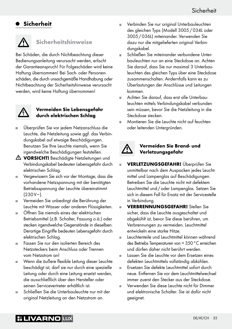 Q sicherheit, Sicherheitshinweise, Sicherheit | Sicherheit sicherheitshinweise | Livarno Halogen Under-Cupboard Light User Manual | Page 35 / 41