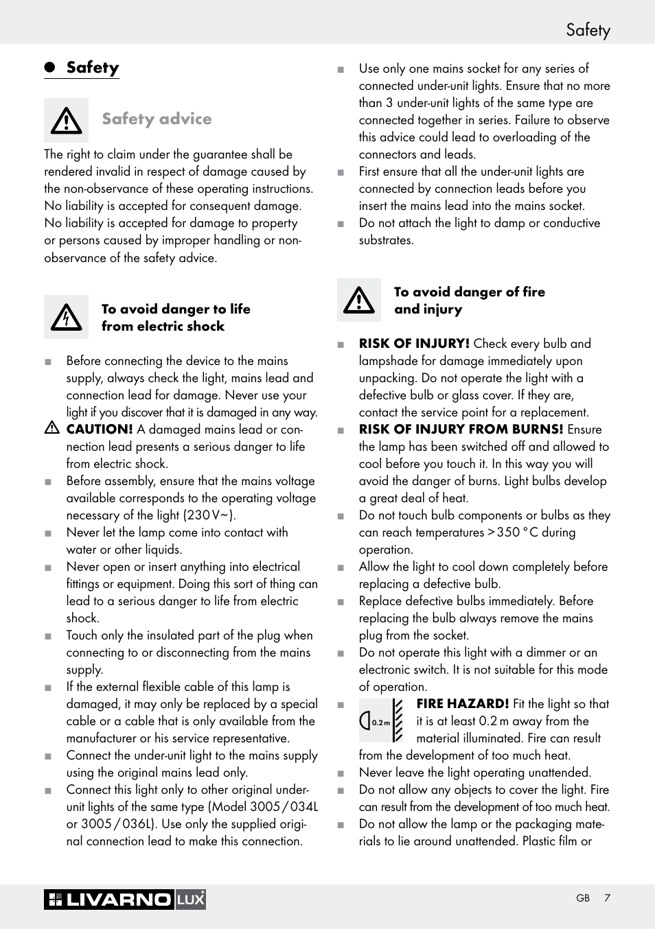 Safety, Safety safety advice | Livarno Halogen Under-Cupboard Light User Manual | Page 7 / 41