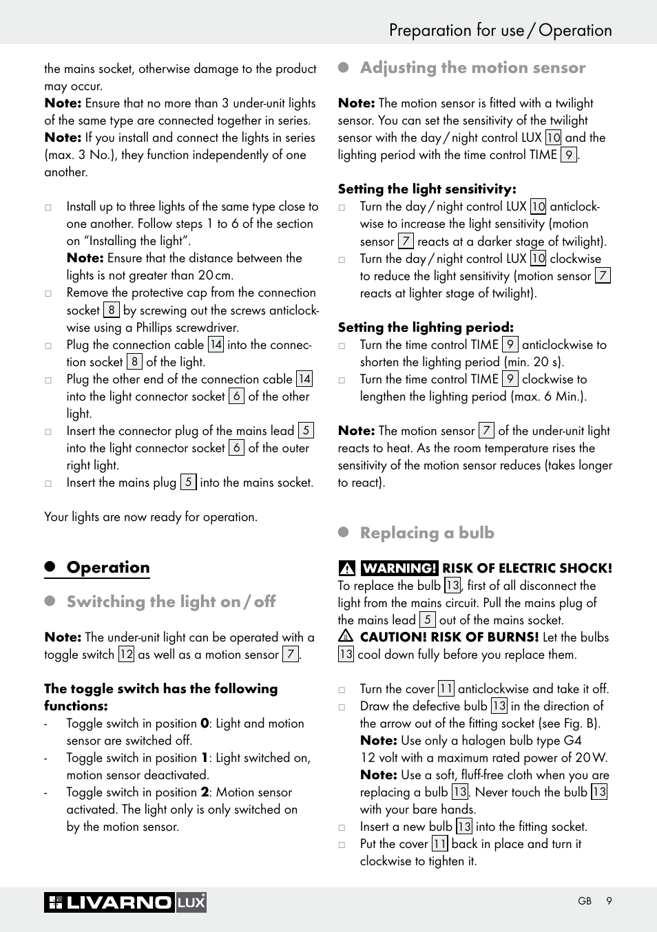 Preparation for use / operation, Operation, Switching the light on / off | Adjusting the motion sensor, Replacing a bulb | Livarno Halogen Under-Cupboard Light User Manual | Page 9 / 41