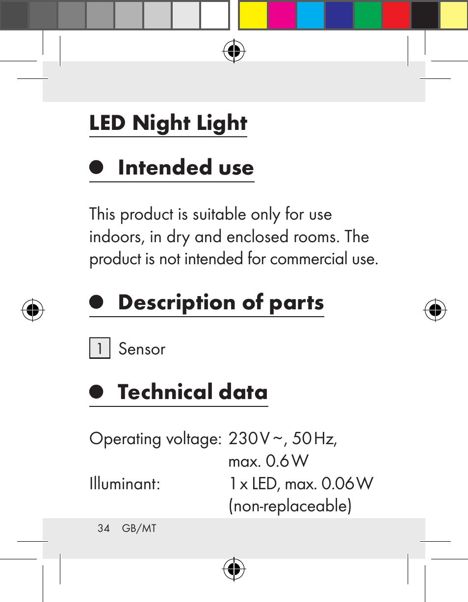 Led night light, Intended use, Description of parts | Technical data | Livarno Z31172..-BS User Manual | Page 34 / 51