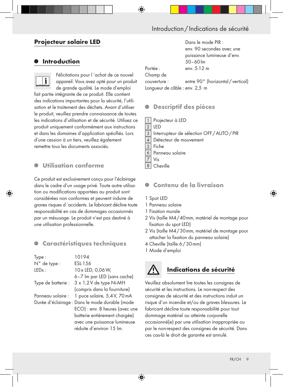 Introduction / indications de sécurité, Projecteur solaire led introduction, Utilisation conforme | Caractéristiques techniques, Descriptif des pièces, Contenu de la livraison, Indications de sécurité | Livarno 10194 User Manual | Page 9 / 25