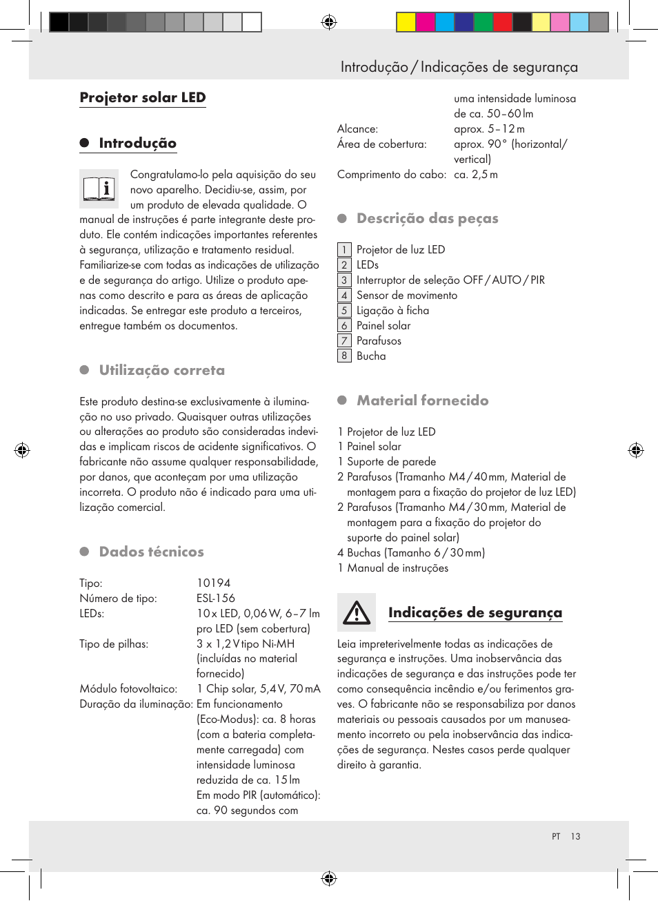 Introdução / indicações de segurança, Projetor solar led introdução, Utilização correta | Dados técnicos, Descrição das peças, Material fornecido, Indicações de segurança | Livarno 10194 User Manual | Page 13 / 25