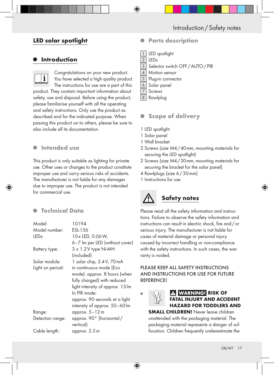 Led solar spotlight introduction, Intended use, Technical data | Parts description, Scope of delivery | Livarno 10194 User Manual | Page 17 / 25