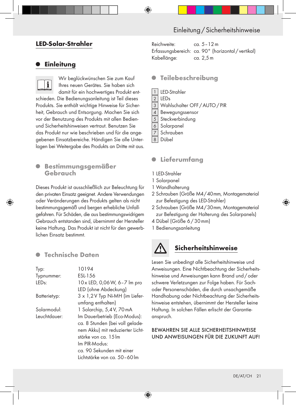 Einleitung / sicherheitshinweise, Led-solar-strahler einleitung, Bestimmungsgemäßer gebrauch | Technische daten, Teilebeschreibung, Lieferumfang, Sicherheitshinweise | Livarno 10194 User Manual | Page 21 / 25