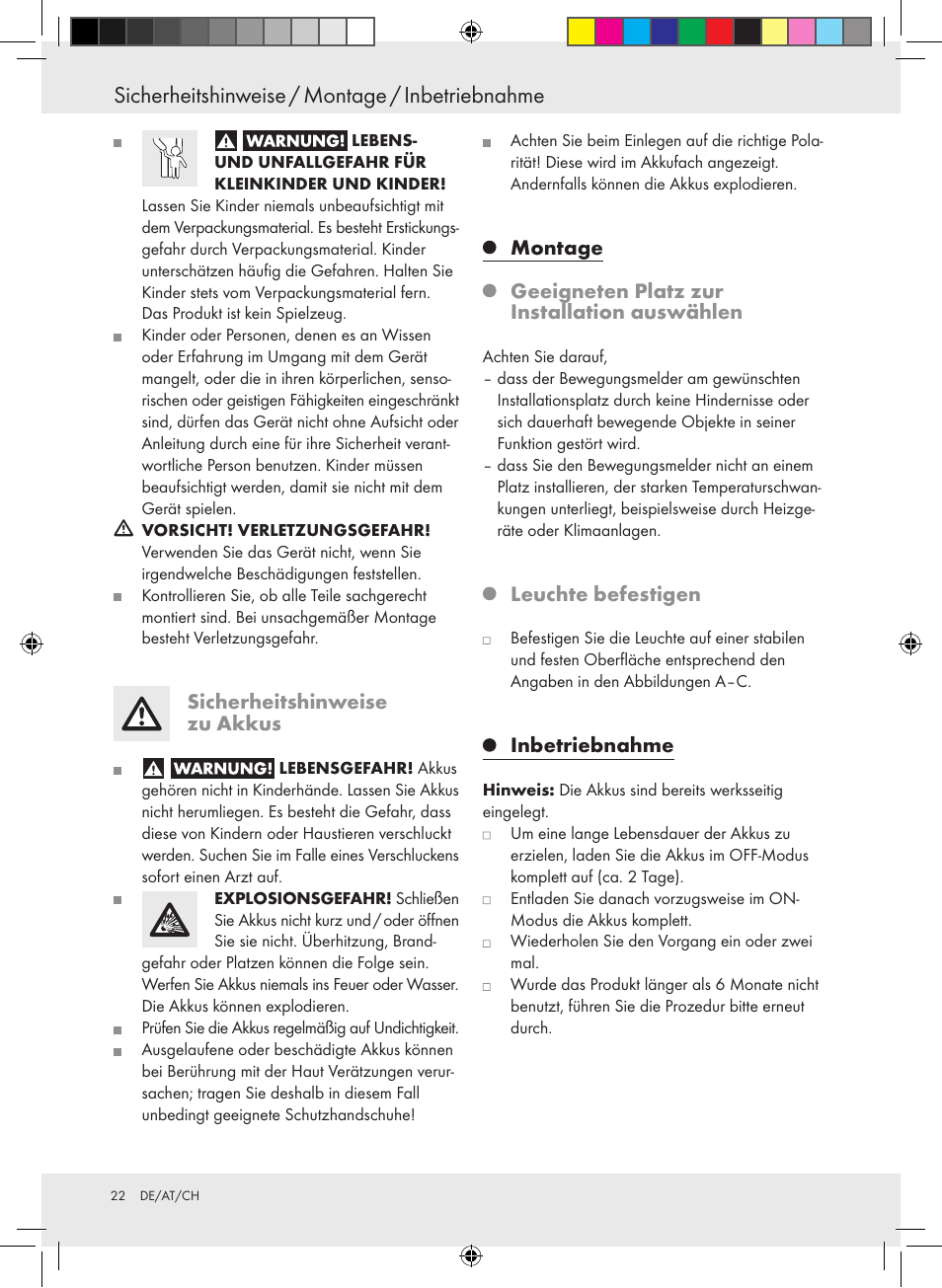 Sicherheitshinweise / montage / inbetriebnahme, Sicherheitshinweise zu akkus, Leuchte befestigen | Inbetriebnahme | Livarno 10194 User Manual | Page 22 / 25