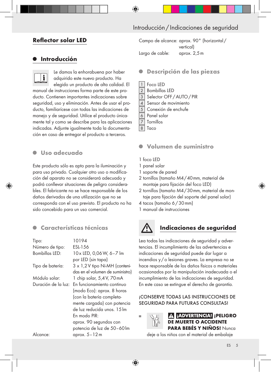 Introducción / indicaciones de seguridad, Reflector solar led introducción, Uso adecuado | Características técnicas, Descripción de las piezas, Volumen de suministro, Indicaciones de seguridad | Livarno 10194 User Manual | Page 5 / 25