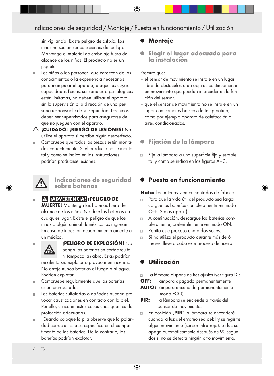 Indicaciones de seguridad sobre baterías, Fijación de la lámpara, Puesta en funcionamiento | Utilización | Livarno 10194 User Manual | Page 6 / 25