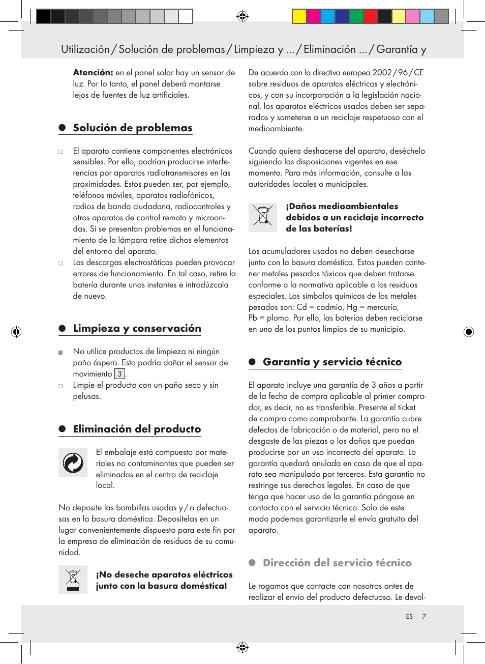 Solución de problemas, Limpieza y conservación, Eliminación del producto | Garantía y servicio técnico, Dirección del servicio técnico | Livarno 10194 User Manual | Page 7 / 25