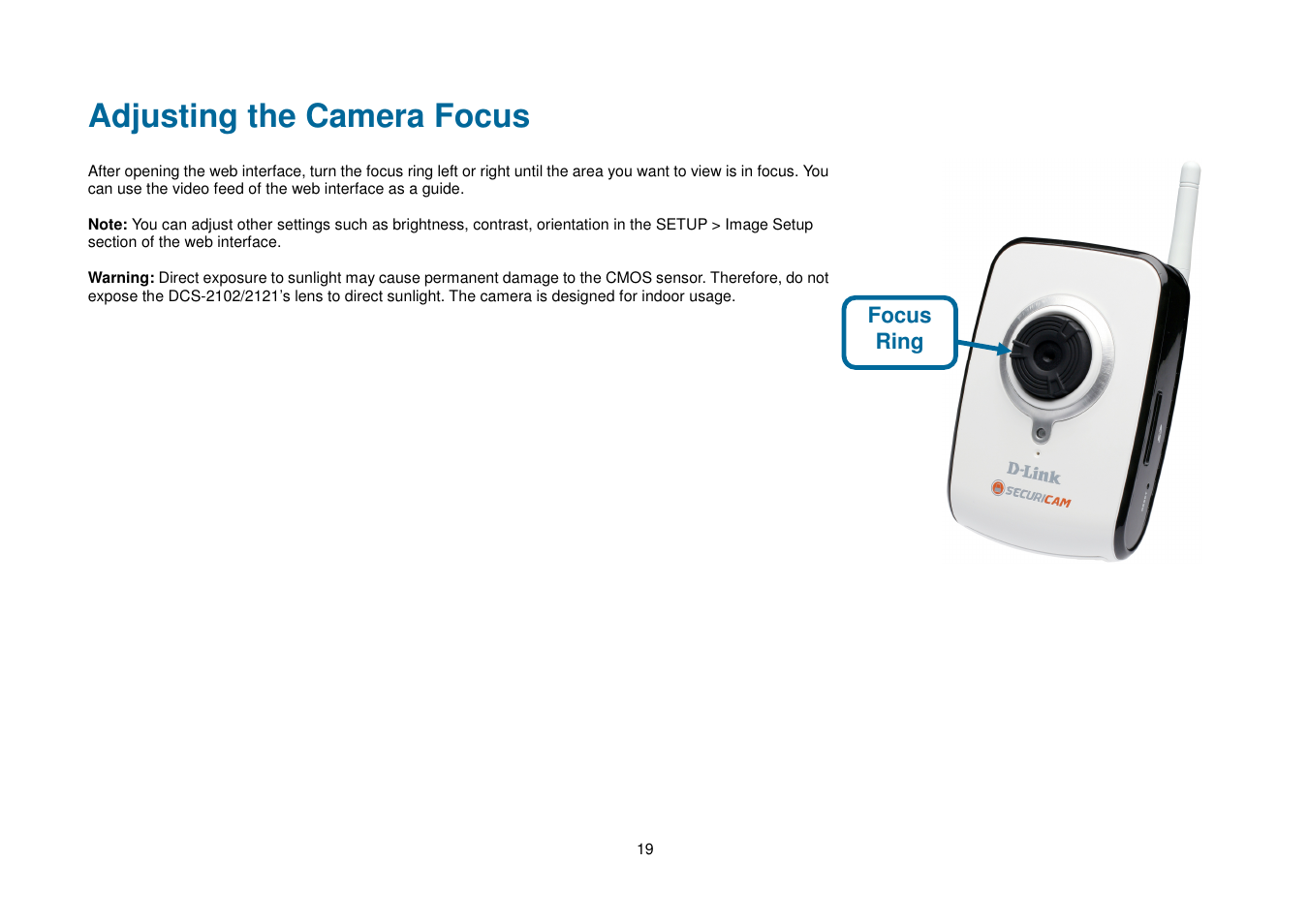 Adjusting the camera focus | D-Link DCS-2102 User Manual | Page 22 / 61