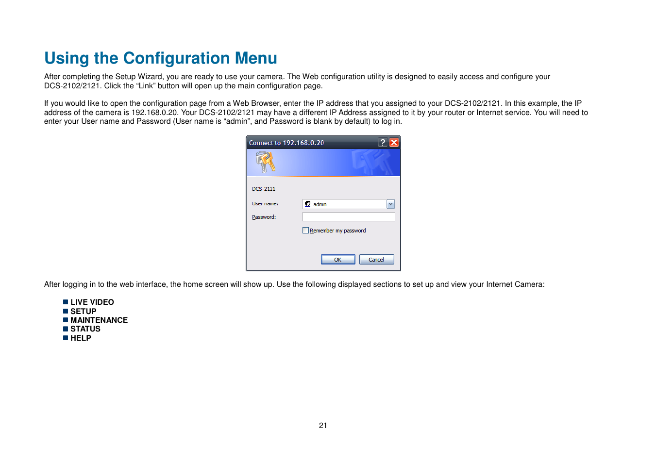 Using the configuration menu | D-Link DCS-2102 User Manual | Page 24 / 61