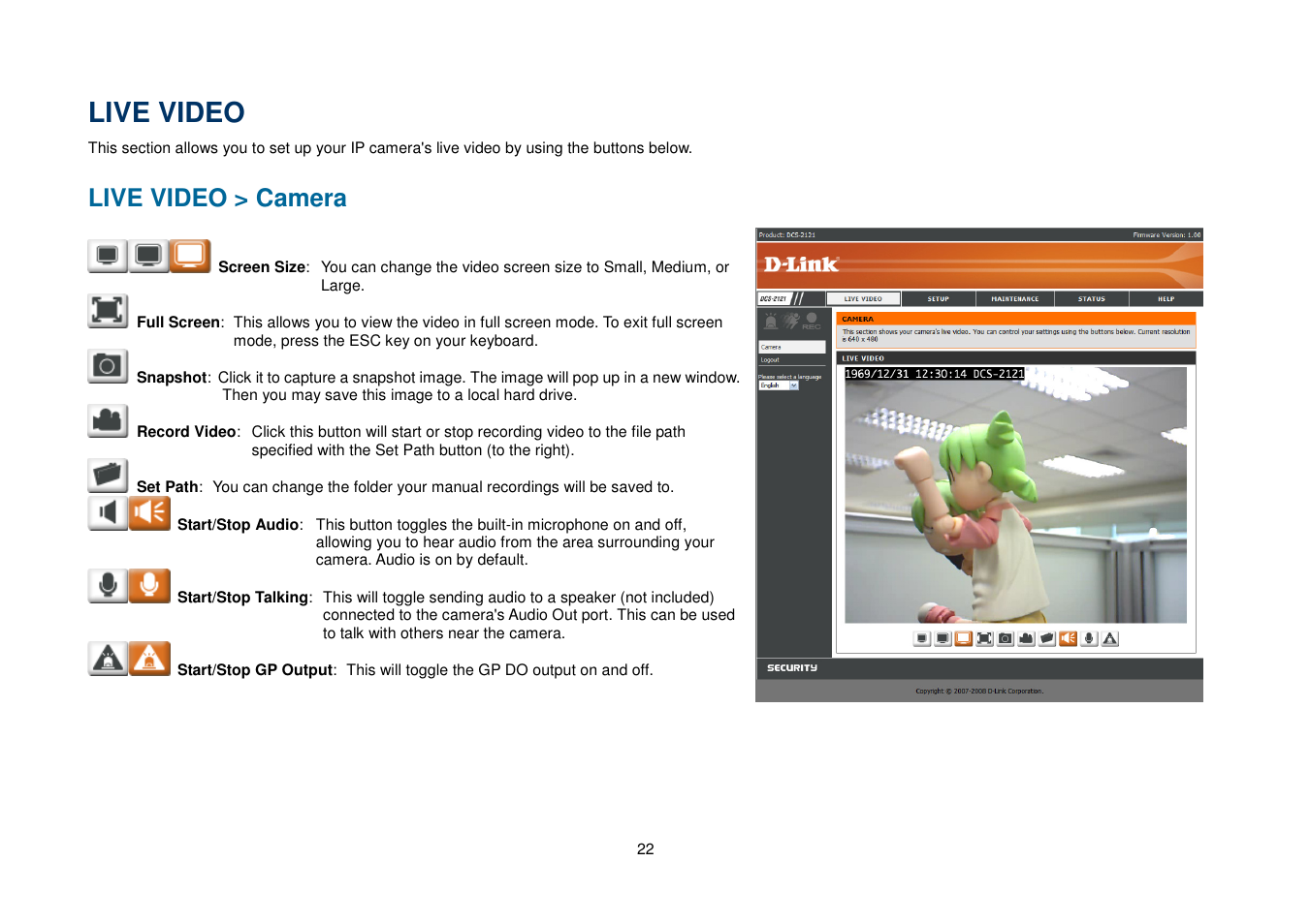 Live video, Live video > camera | D-Link DCS-2102 User Manual | Page 25 / 61