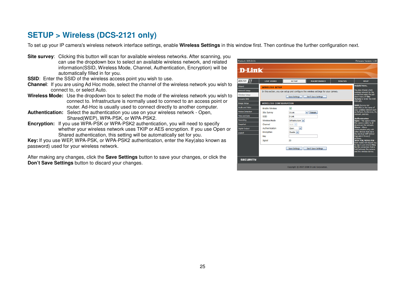 Setup > wireless (dcs-2121 only) | D-Link DCS-2102 User Manual | Page 28 / 61
