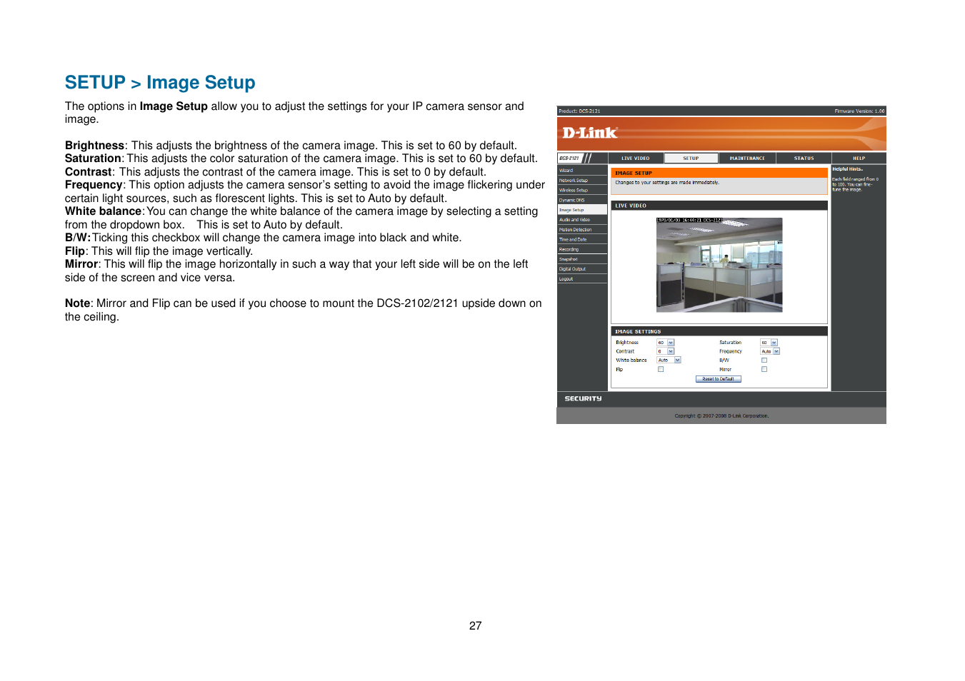 Setup > image setup | D-Link DCS-2102 User Manual | Page 30 / 61