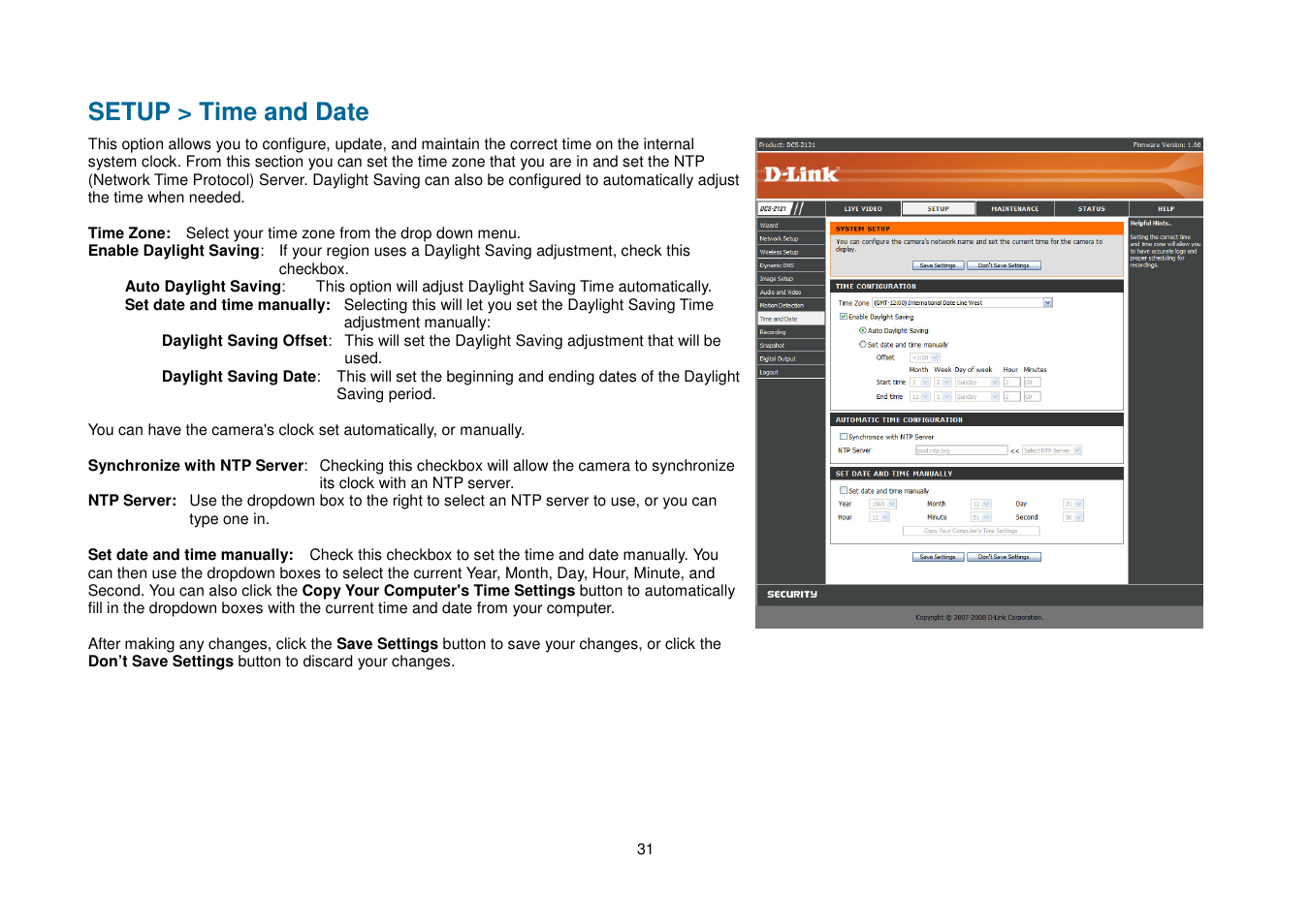 Setup > time and date | D-Link DCS-2102 User Manual | Page 34 / 61