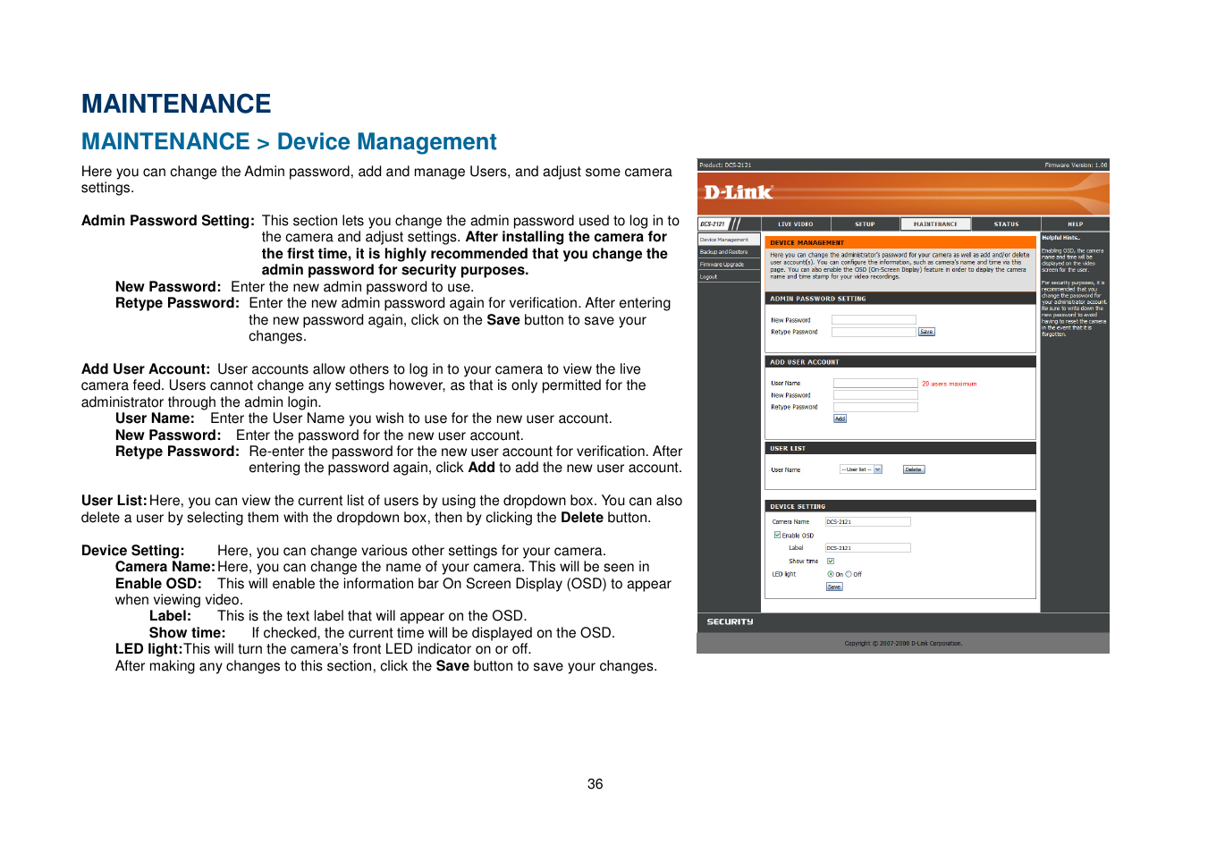 Maintenance, Maintenance > device management | D-Link DCS-2102 User Manual | Page 39 / 61