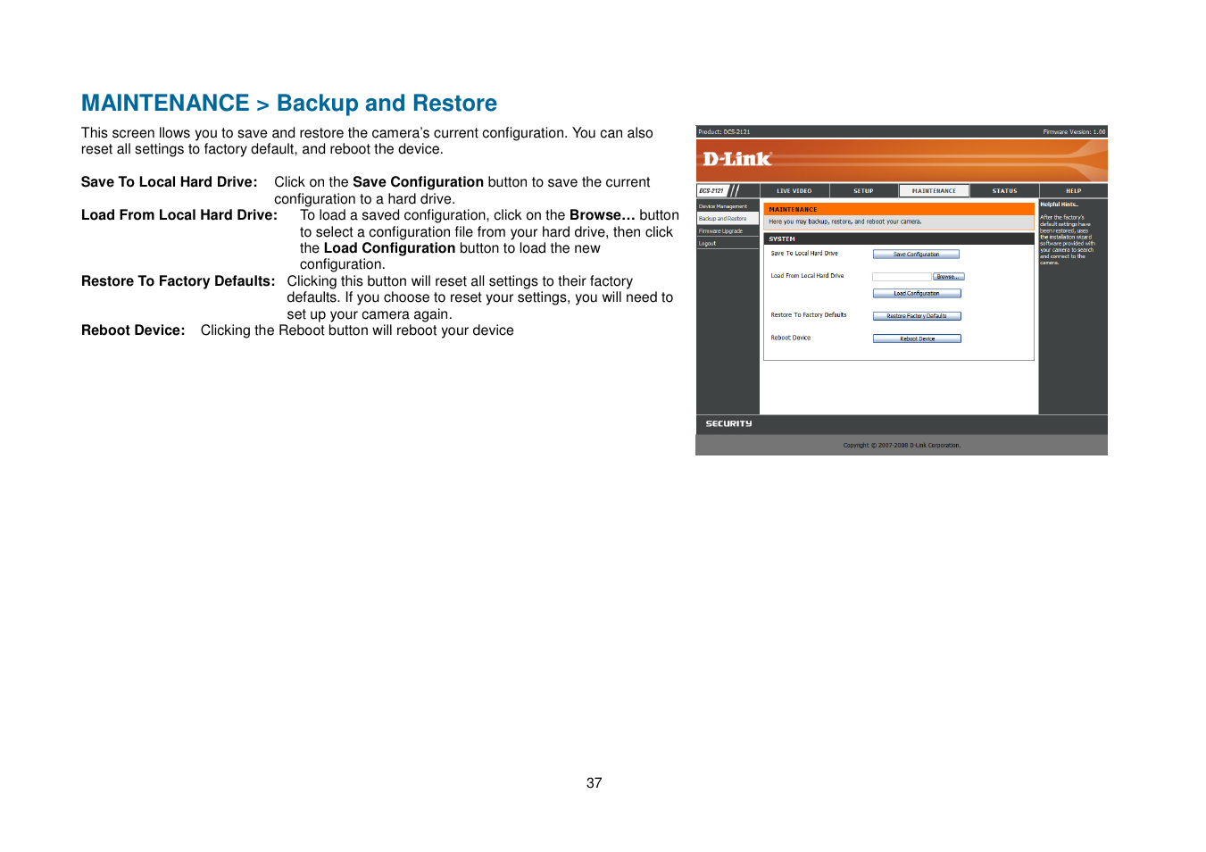 Maintenance > backup and restore | D-Link DCS-2102 User Manual | Page 40 / 61