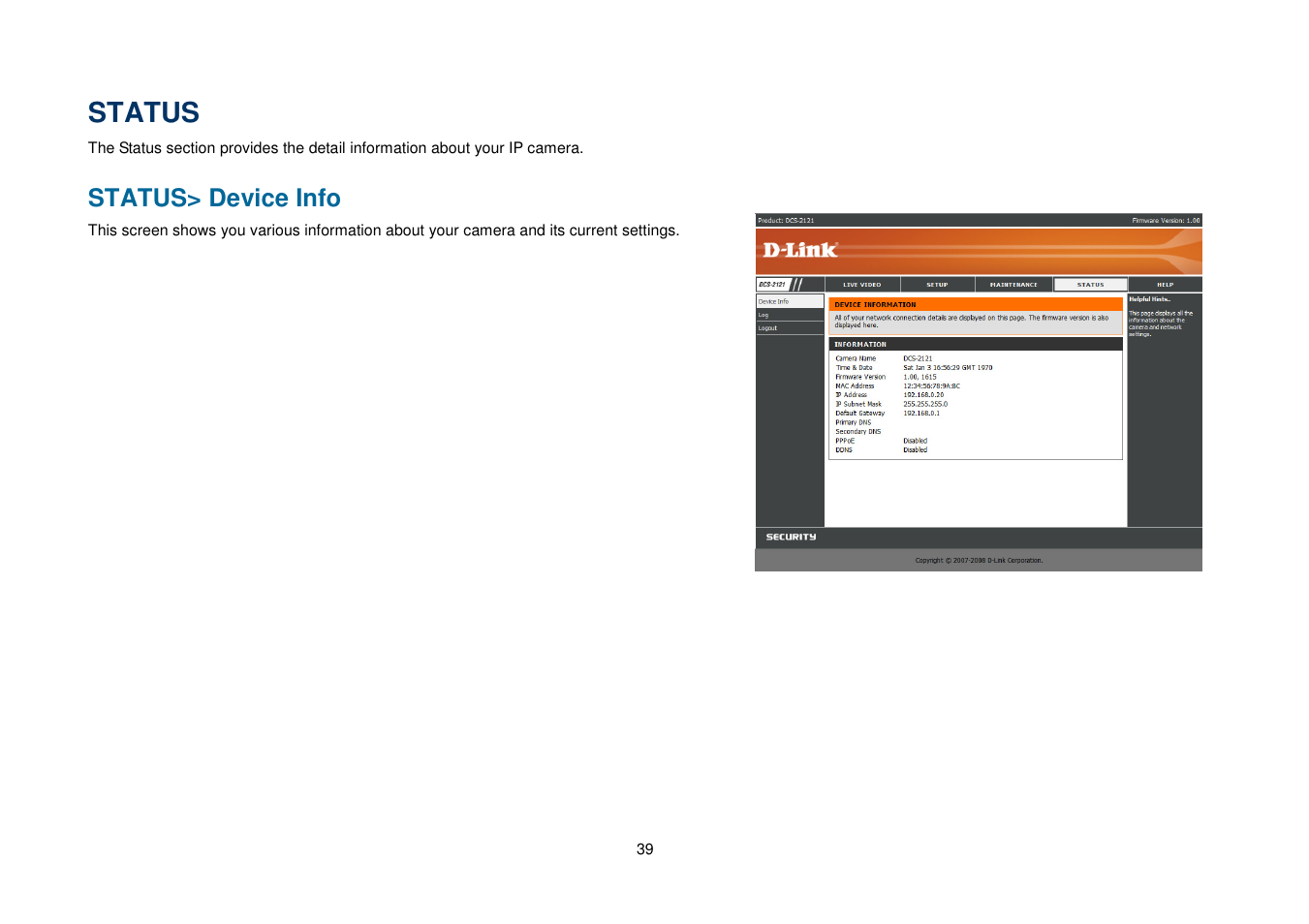 Status, Status> device info | D-Link DCS-2102 User Manual | Page 42 / 61