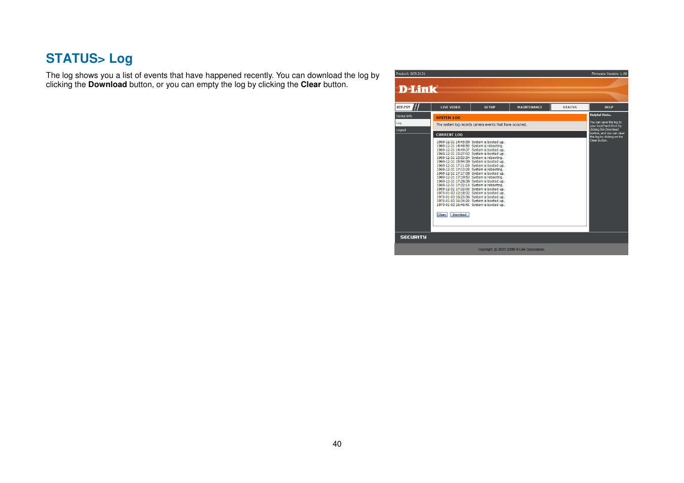 Status> log | D-Link DCS-2102 User Manual | Page 43 / 61