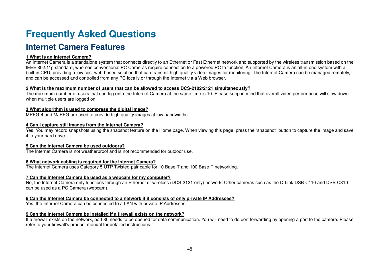 Frequently asked questions, Internet camera features | D-Link DCS-2102 User Manual | Page 51 / 61