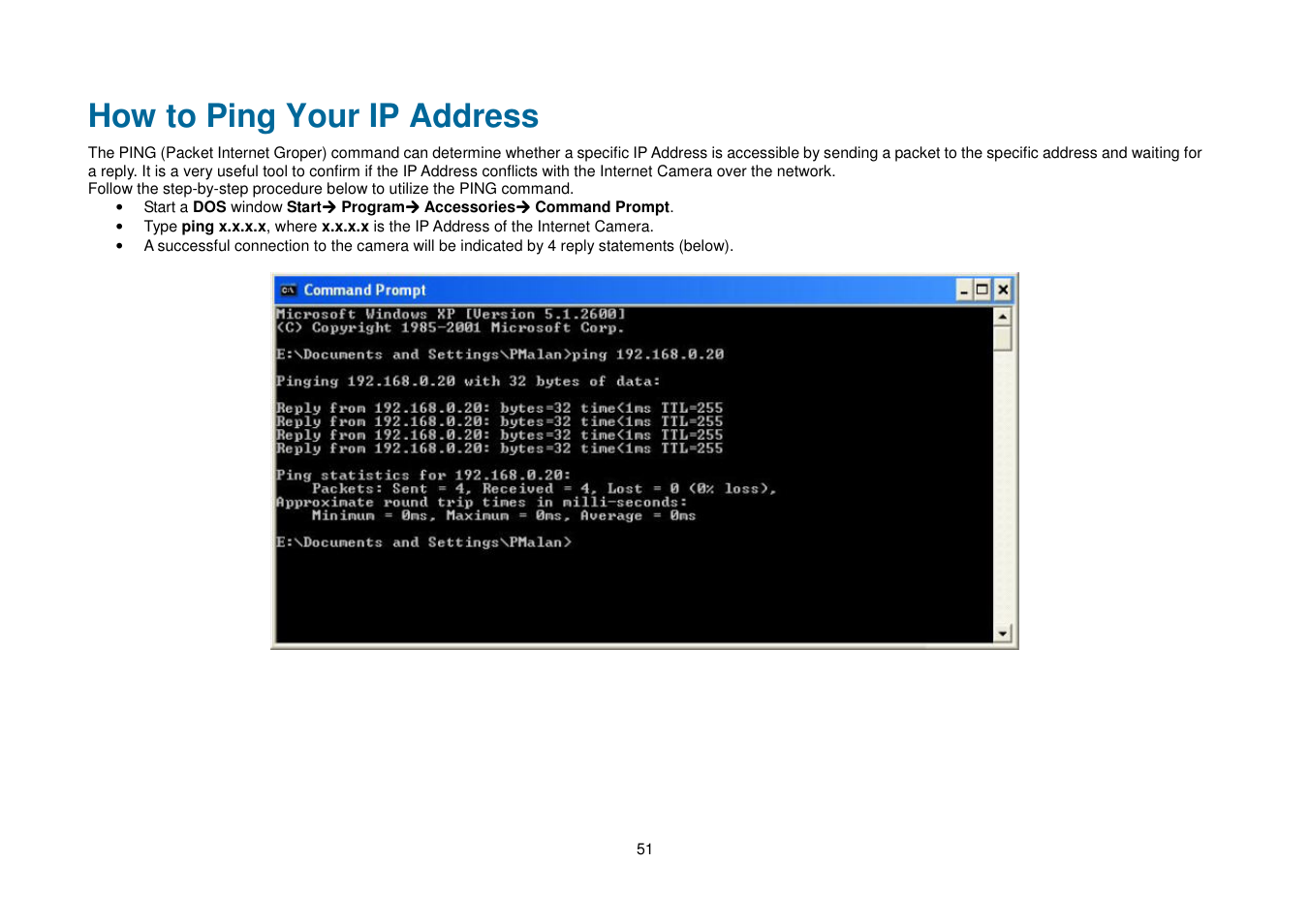 How to ping your ip address | D-Link DCS-2102 User Manual | Page 54 / 61