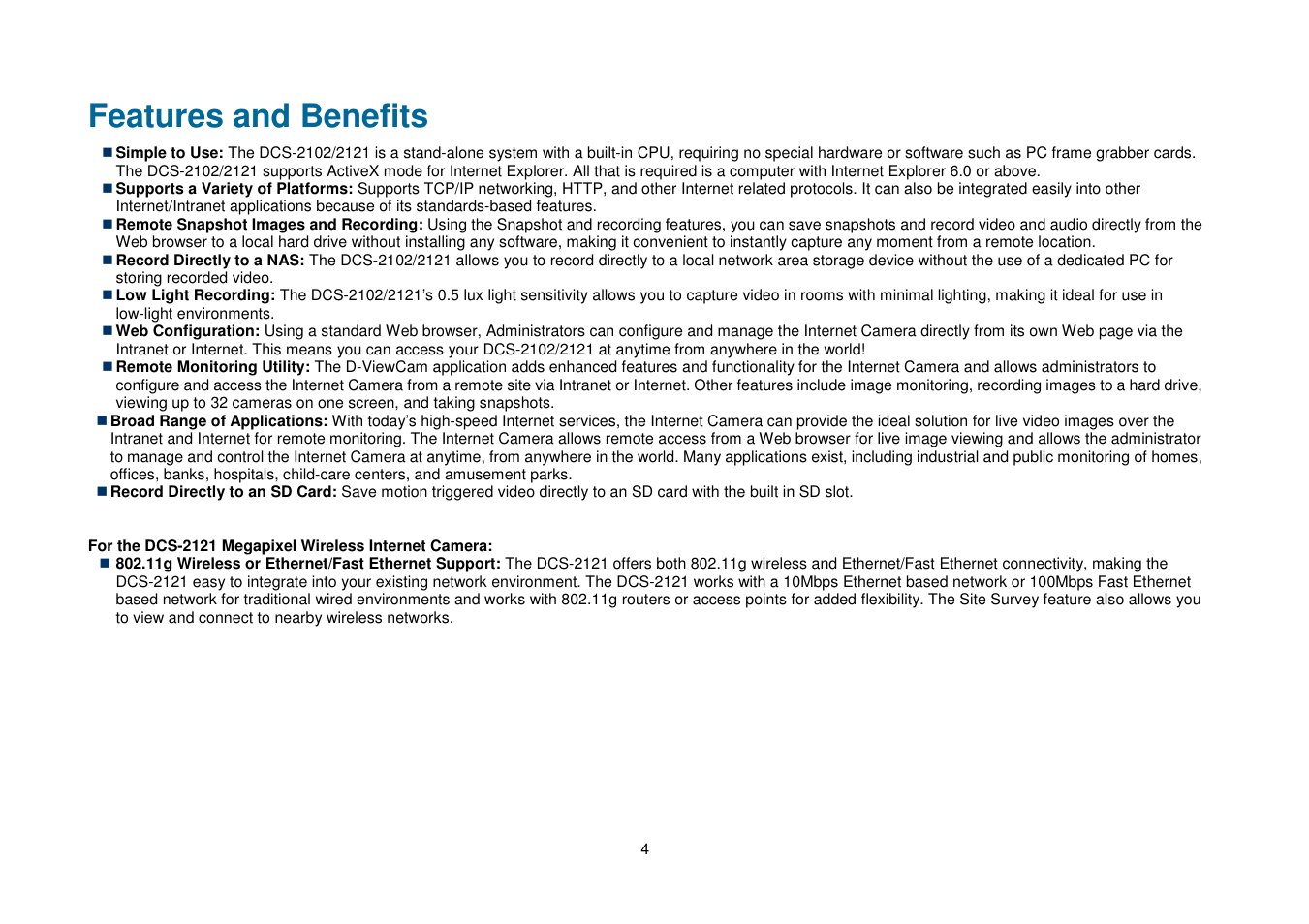 Features and benefits | D-Link DCS-2102 User Manual | Page 7 / 61