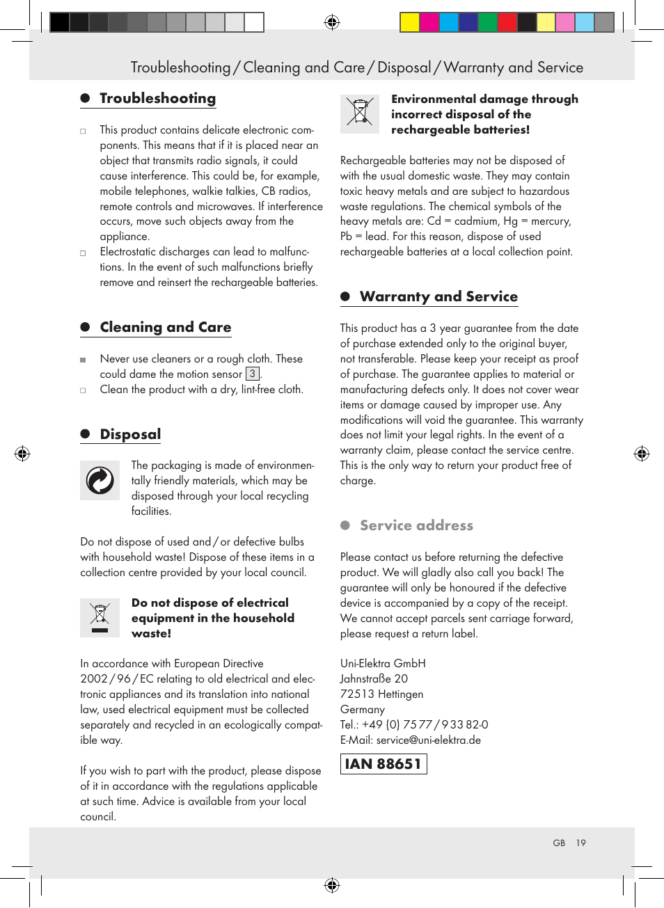 Troubleshooting, Cleaning and care, Disposal | Warranty and service, Service address | Livarno 10194 User Manual | Page 19 / 21