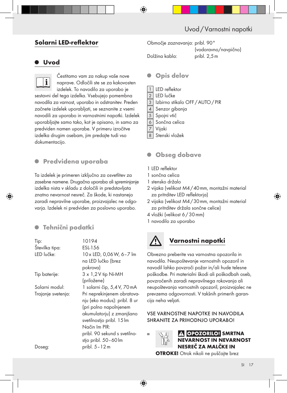 Uvod / varnostni napotki, Solarni led-reflektor uvod, Predvidena uporaba | Tehnični podatki, Opis delov, Obseg dobave, Varnostni napotki | Livarno 10194 User Manual | Page 17 / 34