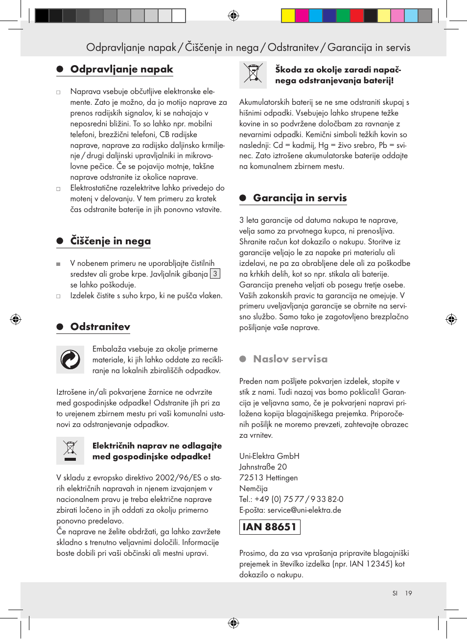 Odpravljanje napak, Čiščenje in nega, Odstranitev | Garancija in servis, Naslov servisa | Livarno 10194 User Manual | Page 19 / 34