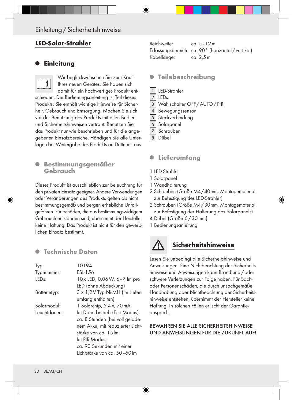 Einleitung / sicherheitshinweise, Led-solar-strahler einleitung, Bestimmungsgemäßer gebrauch | Technische daten, Teilebeschreibung, Lieferumfang, Sicherheitshinweise | Livarno 10194 User Manual | Page 30 / 34