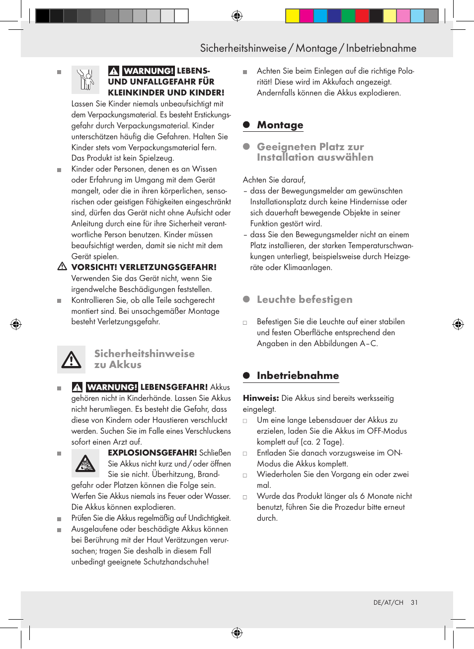 Sicherheitshinweise / montage / inbetriebnahme, Sicherheitshinweise zu akkus, Leuchte befestigen | Inbetriebnahme | Livarno 10194 User Manual | Page 31 / 34