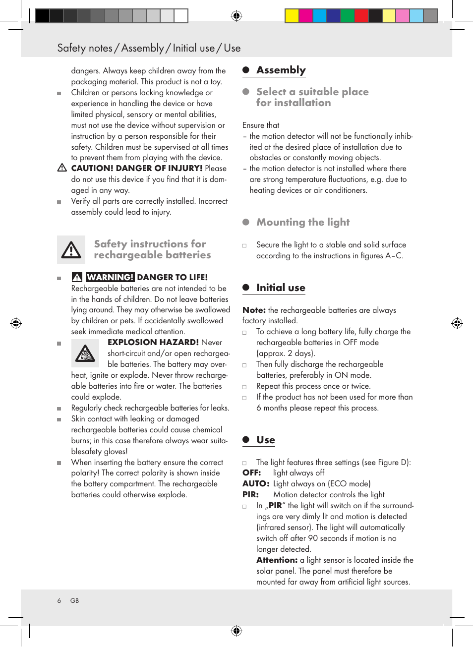 Safety instructions for rechargeable batteries, Assembly select a suitable place for installation, Mounting the light | Initial use | Livarno 10194 User Manual | Page 6 / 34