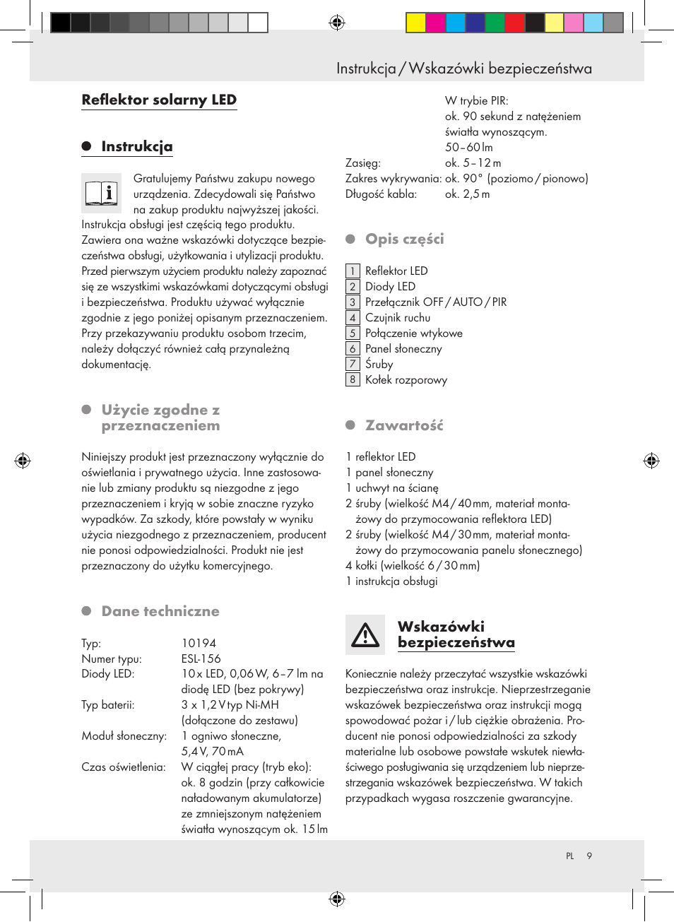 Instrukcja / wskazówki bezpieczeństwa, Reflektor solarny led instrukcja, Użycie zgodne z przeznaczeniem | Dane techniczne, Opis części, Zawartość, Wskazówki bezpieczeństwa | Livarno 10194 User Manual | Page 9 / 34