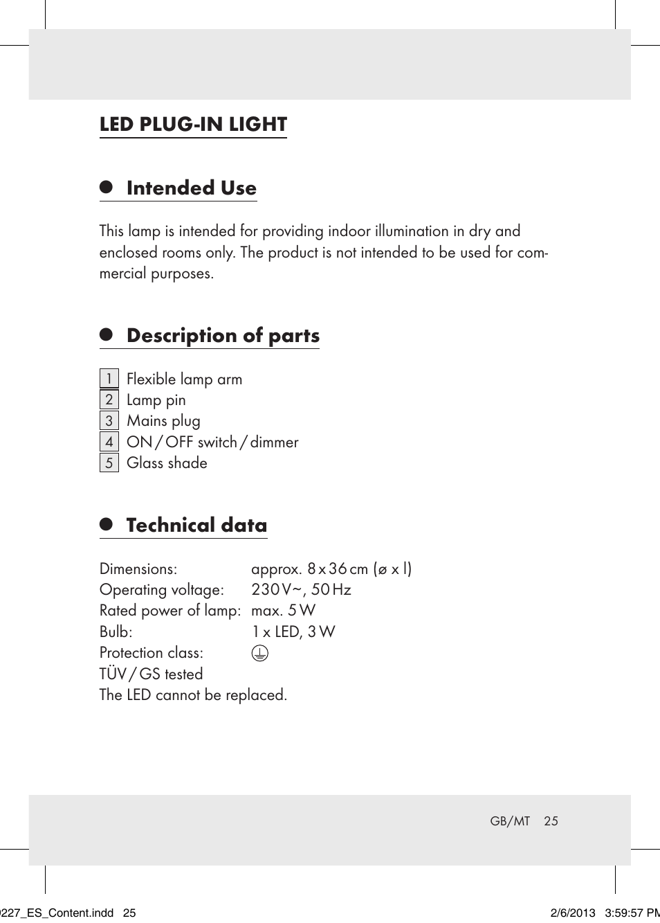 Led plug-in light, Intended use, Description of parts | Technical data | Livarno Z30652..-BS User Manual | Page 25 / 36