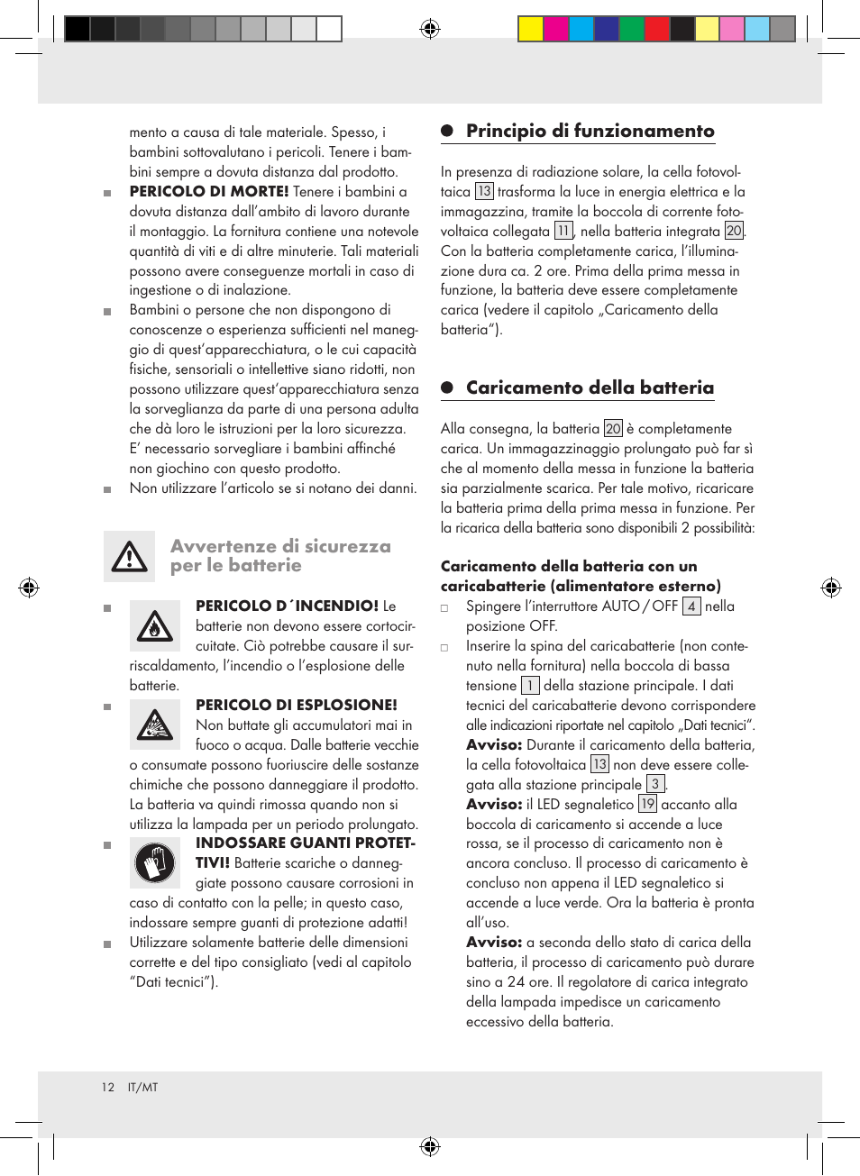 Avvertenze di sicurezza per le batterie, Principio di funzionamento, Caricamento della batteria | Livarno Z31171 User Manual | Page 12 / 40